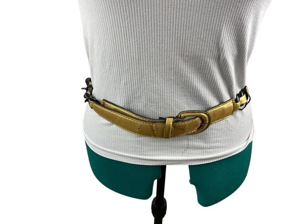 Black plastic with gold faux leather laced belt- size L